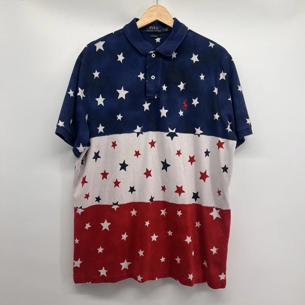 Polo Ralph Lauren Shirt Mens Large Red Blue White USA Americana Star Mesh Polo